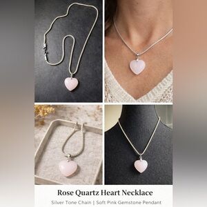🩷Rose Quartz Heart Necklace | Silver Tone Chain | Soft Pink Gemstone Pendant🩷